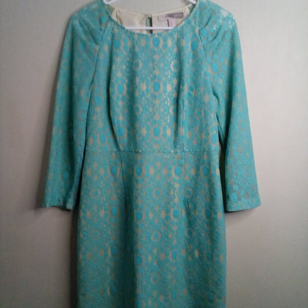 Forever 21 Dress Women M Long Sleeve Lace Lined Green Tan